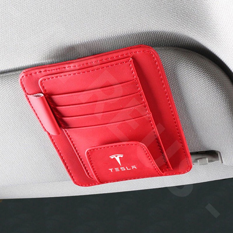 Car Sun Visor Card Organizer Tempat Klip Kacamata Hitam Kulit Untuk Tesla Model 3y S X