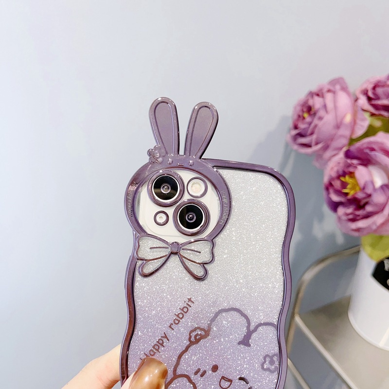 Cute Rabbit Glittering Big Wave Design Electroplating Soft Silicone Bunny Case hp for iPhone 14 Plus Casing IPhone 11 12 13 14 Pro Max Women's Girls Gifts Bumper Cover