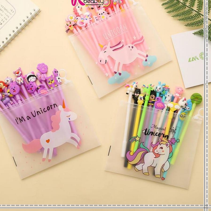 

■»► KB-A15 Pulpen Gel Karakter Lucu Set Isi 20PCS Pena FREE Zipper Pouch Tempat Pensil Transparan Murah