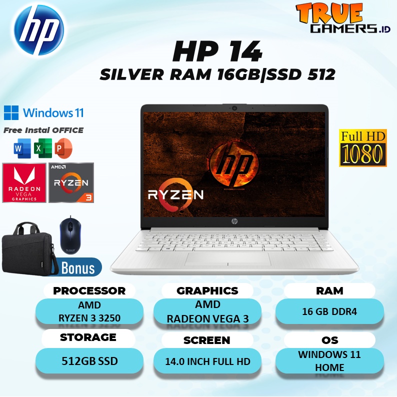 LAPTOP HP 14S DK1510AU R3|3050|3150 RAM 12GB 512SSD VEGA3 WINDOW11+OHS 14.0 FULL HD