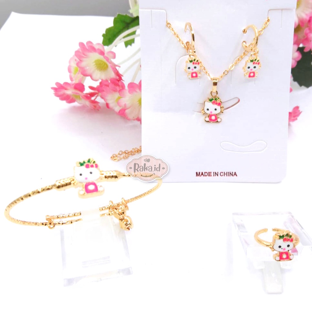 Paket Set Anak Kalung + Gelang + Cincin + Anting Hello Kitty Merah Gold Perhiasan Anak 734