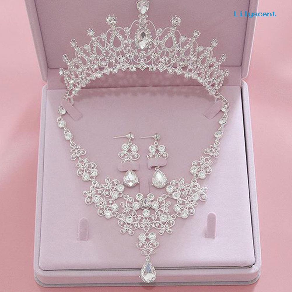 [LS]3Pcs/Set Berlian Imitasi Kupu-Kupu Kalung Mahkota Anting Pengantin Pernikahan Perhiasan Hadiah