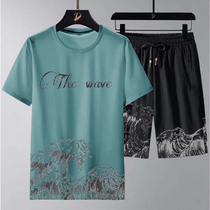 SETELAN ONE SET COWOK PRIA KAOS THE WAVE LENGAN PENDEK + CELANA PENDEK SANTAI