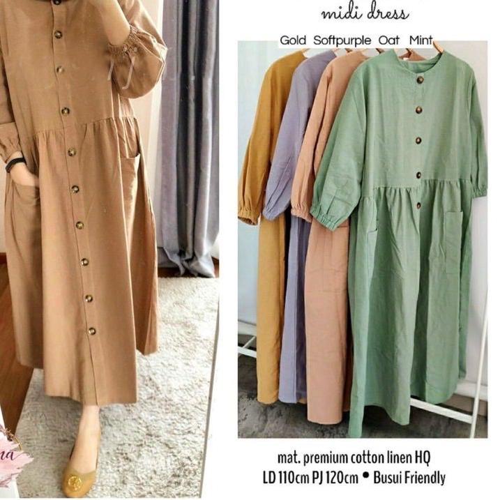 Di⚡kon   Midi Dress Katun Linen Rami Premium Pocku Midi Dress Katun Linen Rami