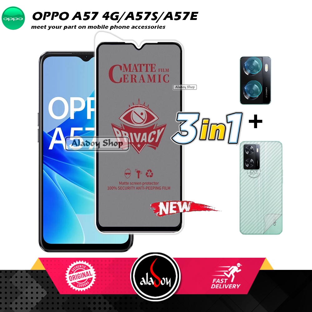 Tempered Glass Anti SPY Oppo A57 4G/A57S/A57E Anti Gores Privacy + Tempered Glass kamera dan Skin Carbon