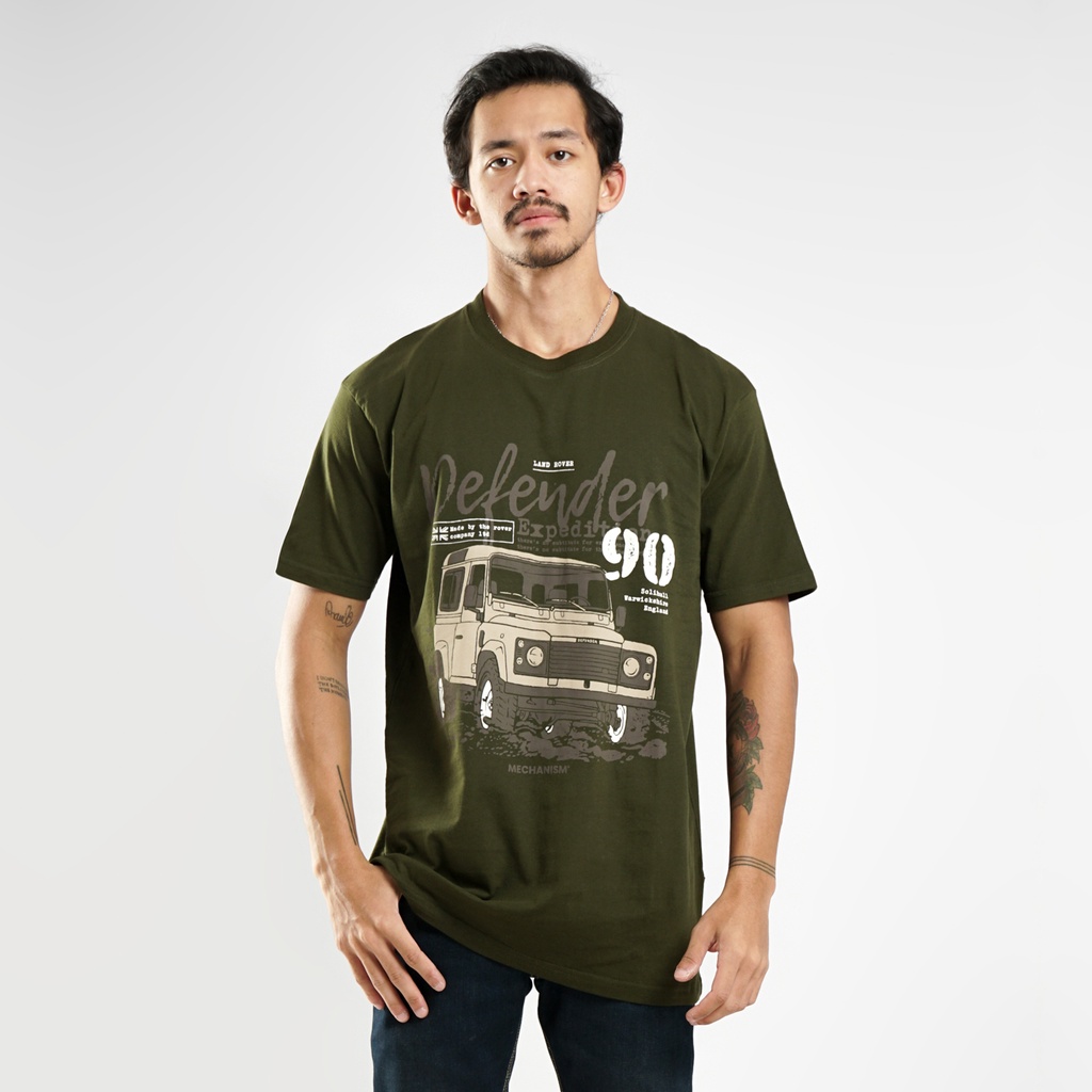 Mechanism Apparel T-Shirt Land Rover Defender 90 Olive Green Kaos Offroad Reguler T Shirt