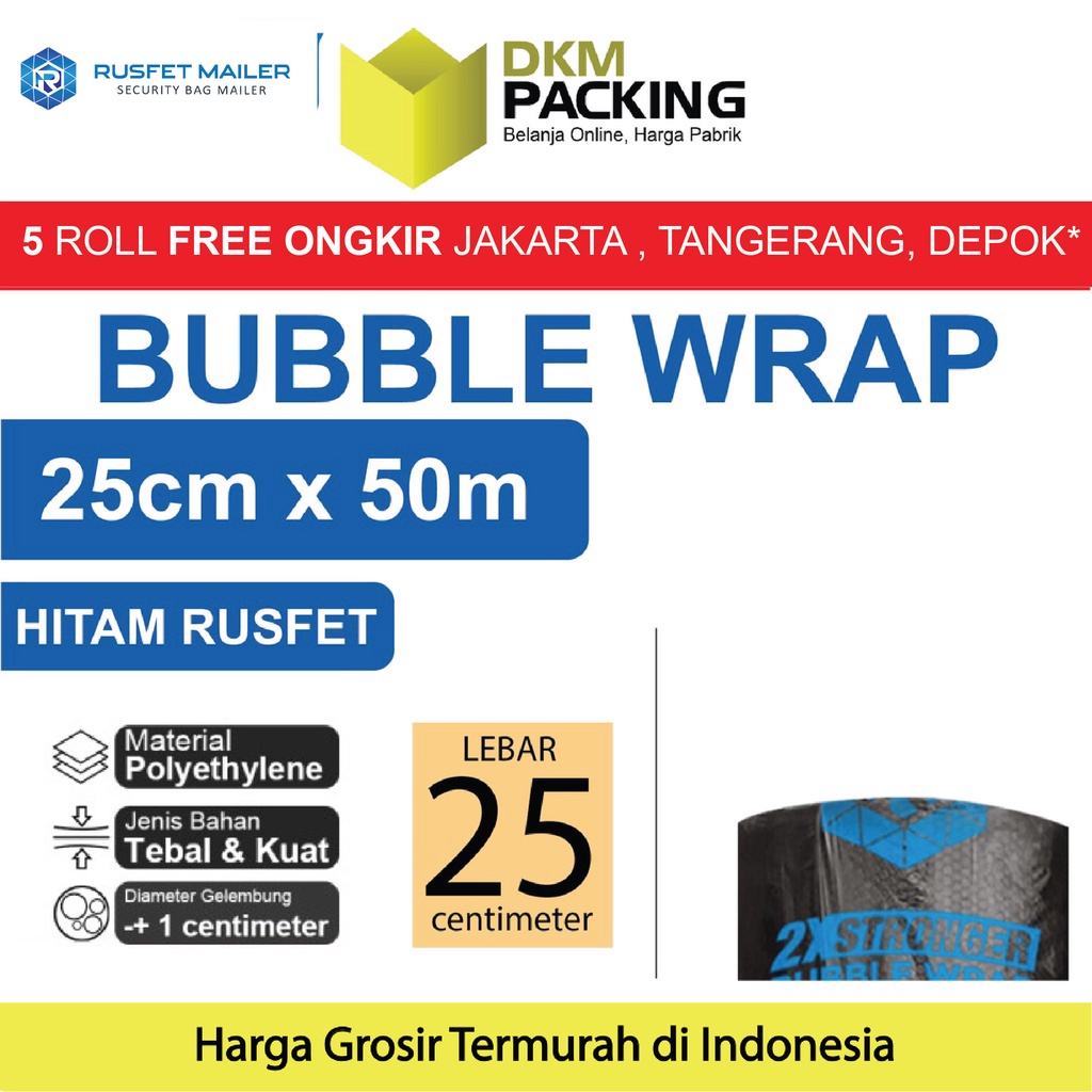 

Plastik Bubble Wrap RUSFET HITAM 25CM x 50M TEBAL Bubblewrap ROLL