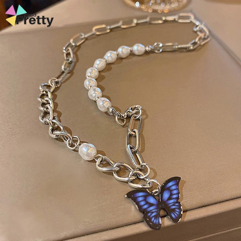 Kalung Rantai Kupu-Kupu Mutiara Desain Choker Fashion Korea Gaya Untuk Wanita - PD