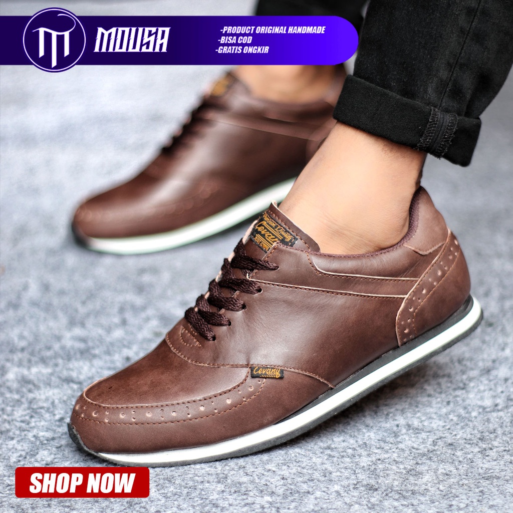 Sepatu Sneakers Kasual Pria Kulit Asli Hitam Mousa Erza