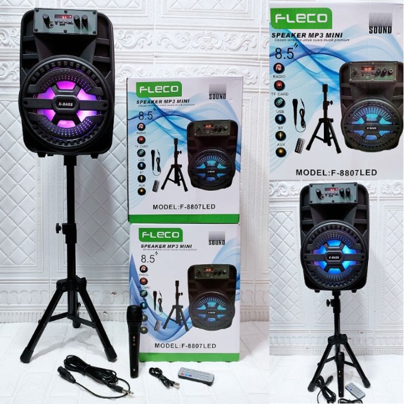 Speaker Bluetooth Fleco F8807/8806 Bonus stand Speaker Mic Karaoke/Speaker Portable Radio Fm/Salon Aktif Wireless Super Bass