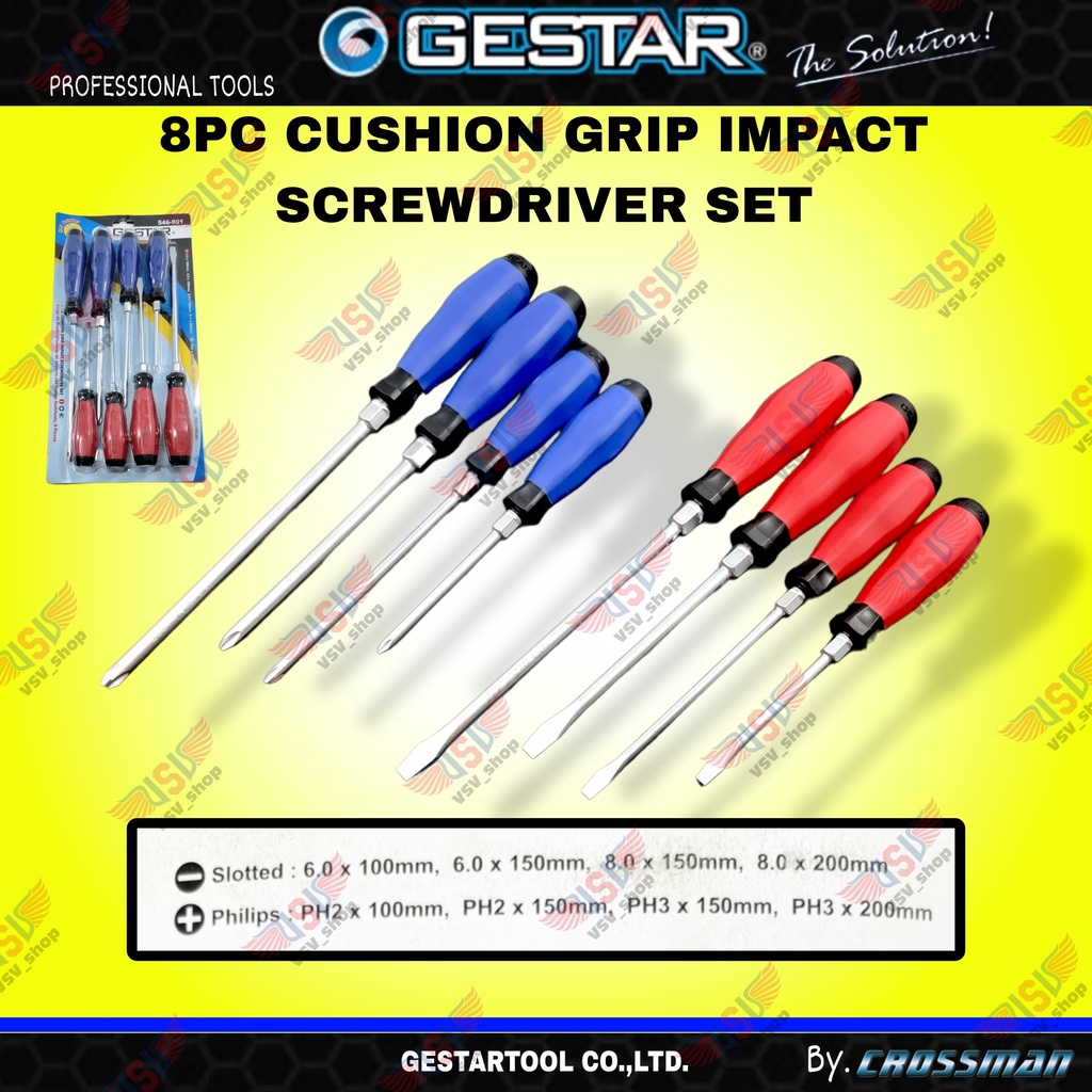 GESTAR Obeng Set 8pc Gagang Karet Obeng Getok Impact Screwdriver Set