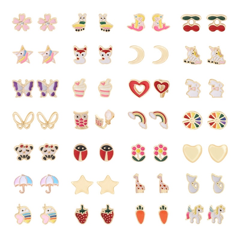 Sa 28pasang Anting Clip-on Warna Campur Cocok Untuk Telinga Non Bolong Hewan Cantik Bunga Hati Buah Anting