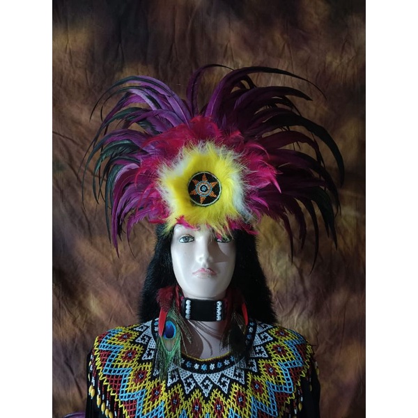 Topi Indian- Indian Head Band- Bulu Ayam Merah Hitam