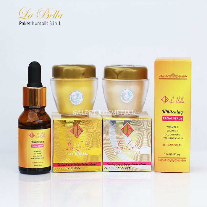 Paket Cream La Bella Gold Original Vit E Asli Labella Day and Night / Krim Siang + Malam Plus Serum 