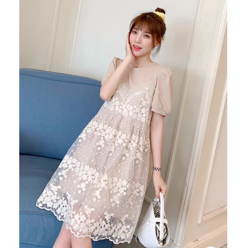 MDLV ~ 17330# Jocea Lace Layered Tee Dress Flower korea import