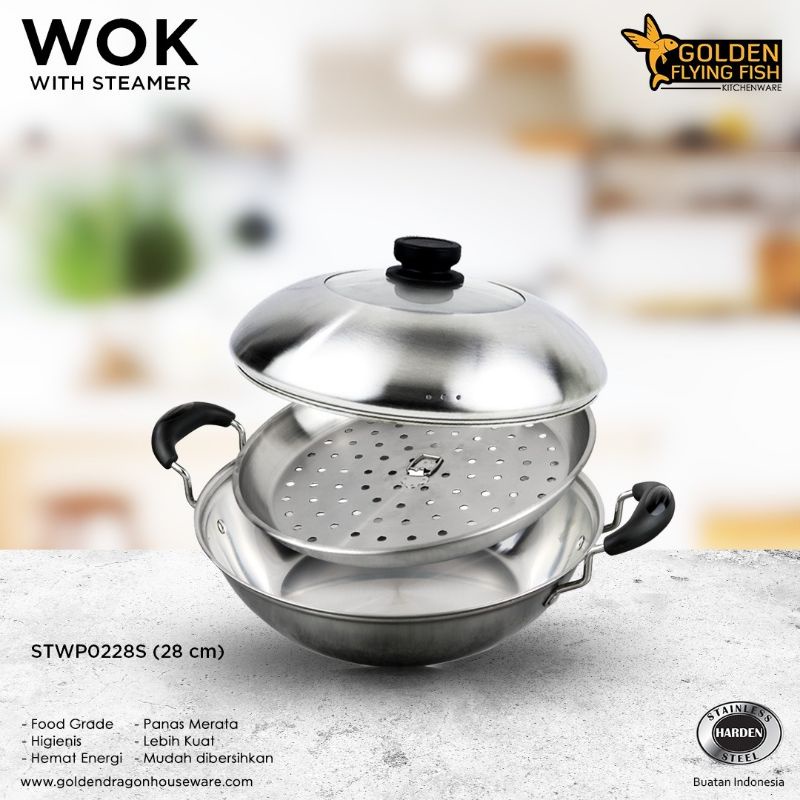 Wok Pan Steamer Stainless Steel 28 cm Golden Flying Fish STWP0128S