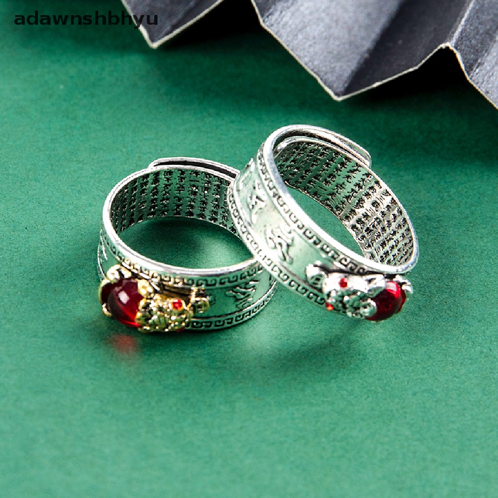 Adawnshbhyu 1 Pcs Cincin Pixiu Feng Shui Cina Vintage Perak Berlapis Hati Sutra Awan Keberuntungan Ukir Cincin Batu Merah Permata Pi Xiu Binatang Cincin Pria Wanita Jari Cincin Perhiasan Antik ID