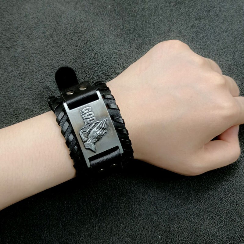 [Z H Jewelry] Viking Pria Fashion Tangan Doa Kulit Anyaman Gelang Stainless Steel/Aksesoris Perhiasan Pesta 18.5CM~21.5CM