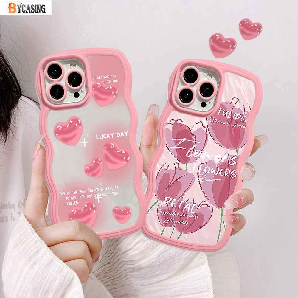 IPHONE Case Fashion Cocok Untuk Iphone11 14 12 13 Pro MAX iPhone7 8plus 6s Plus XR 14Plus XS MAX SE 2020 Cases Fashion Pink Love Hati Bunga Tulip Wavy Edge TPU Soft Phone Cover BY