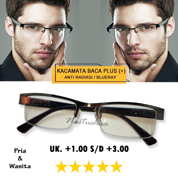 KACAMATA BACA (+) Uk. +1.00 s/d +3.00 Lensa Blueray Transparan Model Semi Rimless Hitam Unisex NOCASE