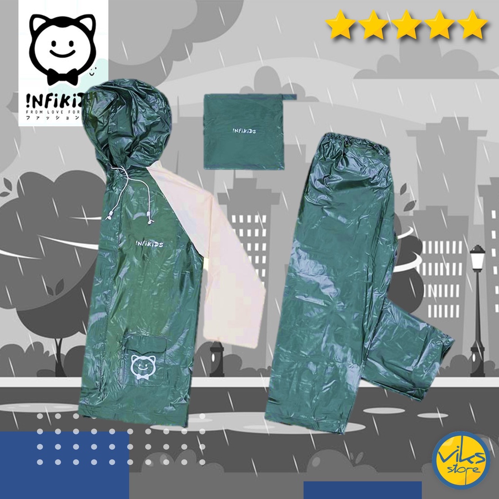 Jas Hujan Anak Kecil 6 - 12 Tahun Infikids Stelan Anti Air Kuat Anti Tembus Bahan PVC Karet Untuk Sekolah SD SMP Sepedah Bermain Motor Mantel Hujan