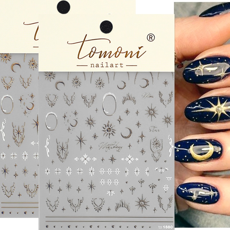 Laser Emas Perak Bintang Bulan Stiker Kuku Timbul Geometris Bronzing Jantung Perekat Kuku Decals DIY Manicure Art Aksesoris