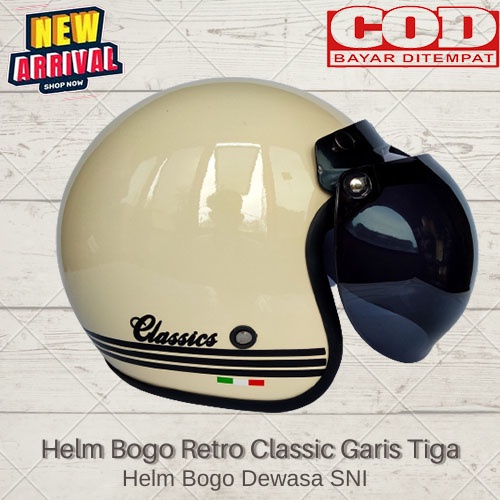 Helm Bogo Retro Dewasa Classic Garis Tiga SNI Helm Dewasa Pria Dan Wanita Kaca Cembung Kaca Datar COD