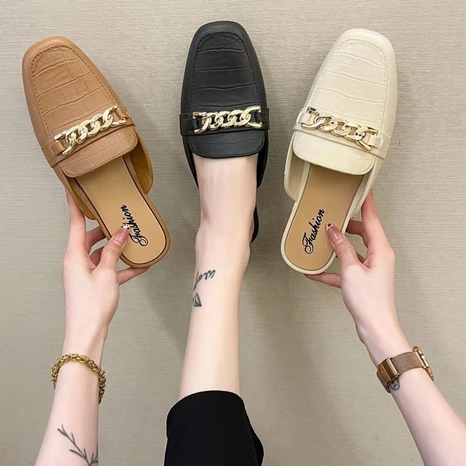 Flat Shoes Wanita EF18 High Quality / Sandal Slop Motif Rantai Real Pict ACC