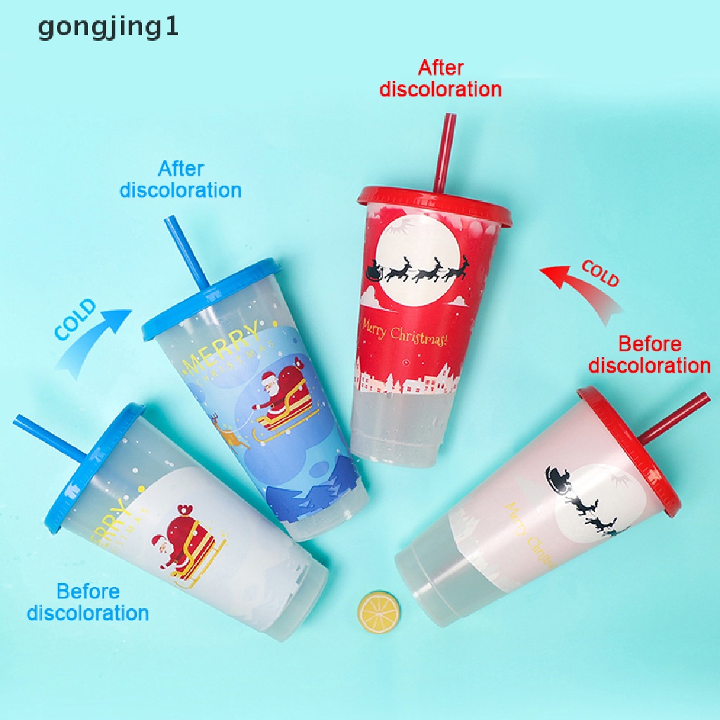 Ggg Gelas Jerami Berubah Warna Natal Aman Makanan Reusable Creative Water Cups Magical Plastic Cold Water Color Changing Cup Mug Kopi New Year Girfts ID