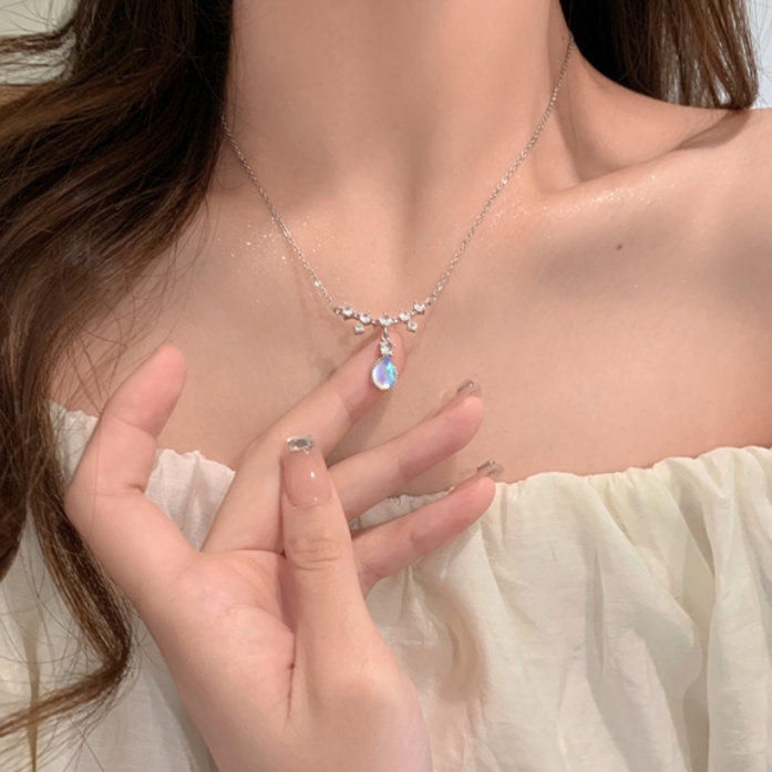 Papaozhu Elegan Mermaid Tears Moonstone Pendant Kalung Untuk Wanita Gadis Vintage Zirkon Tetesan Air Pesona Tulang Selangka Rantai Kalung Pertunangan Pesta Malam Perhiasan Hadiah