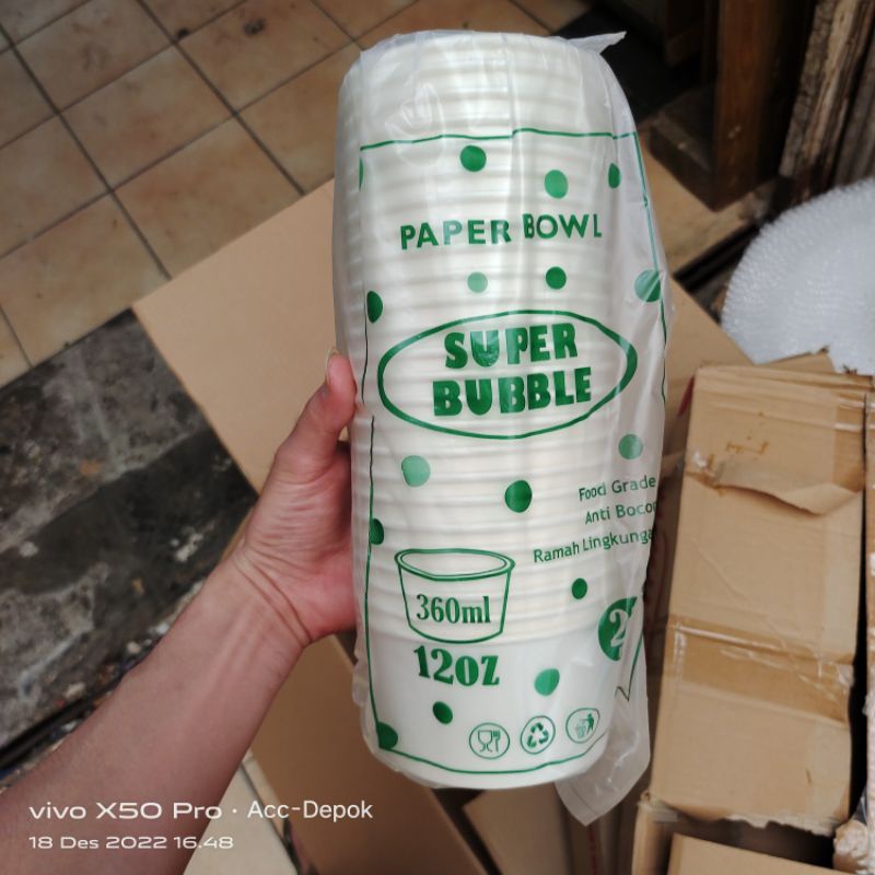 PAPER BOWL + LID / MANGKOK KERTAS PUTIH UKURAN 360ML 500ML 650ML 800ML + INER + TUTUP ISI 25SET MEREK SUPER BUBBLE