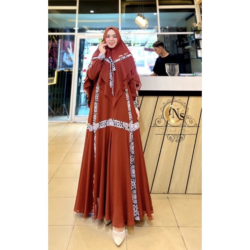 Gamis syari set khimar hanin orange bata ceruty babydoll polos kombi batik keren cantik unik mewah p