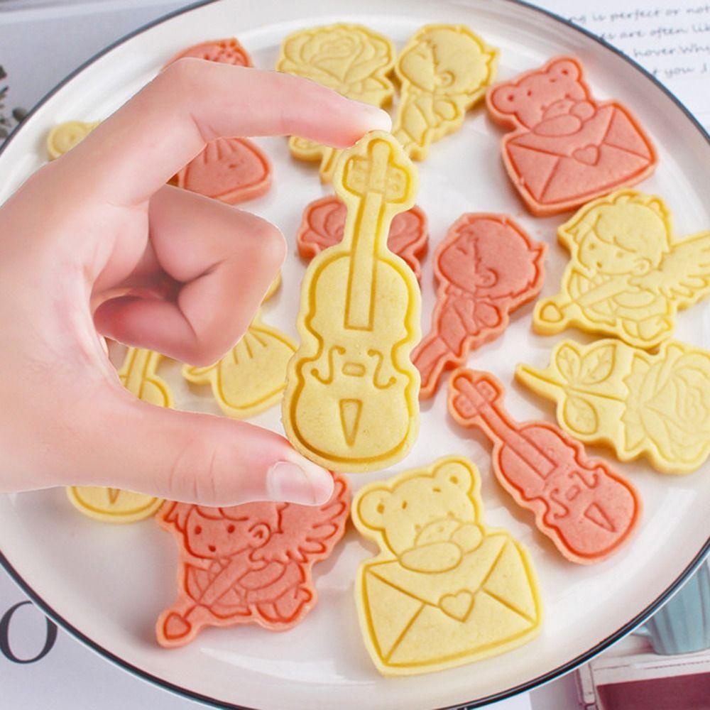 Top 8pcs/set Hari Valentine Makanan Fondant Plunger Gitar Cupid Cetakan Kue Amplop Bunga Mawar Cookie Cutter