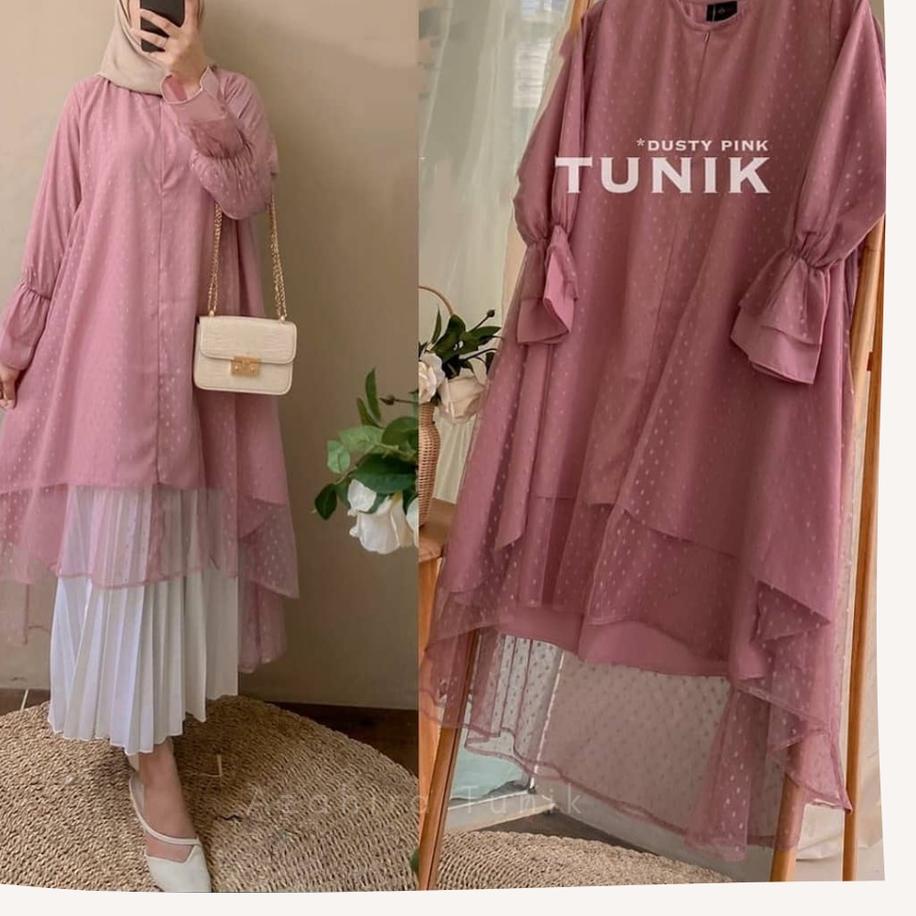 ↑❂❉ Azahira Tunik tile dot pesta, baju pesta wanita muslim, atasan tunik kondangan wanita, tunik wan