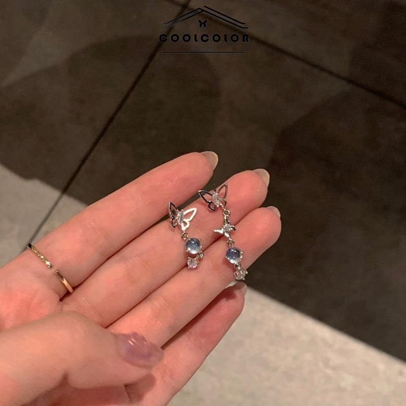 COD❤️S925 Anting Rumbai Kupu-kupu Asimetris Perak Desain Mewah Anting Premium Sense- cl