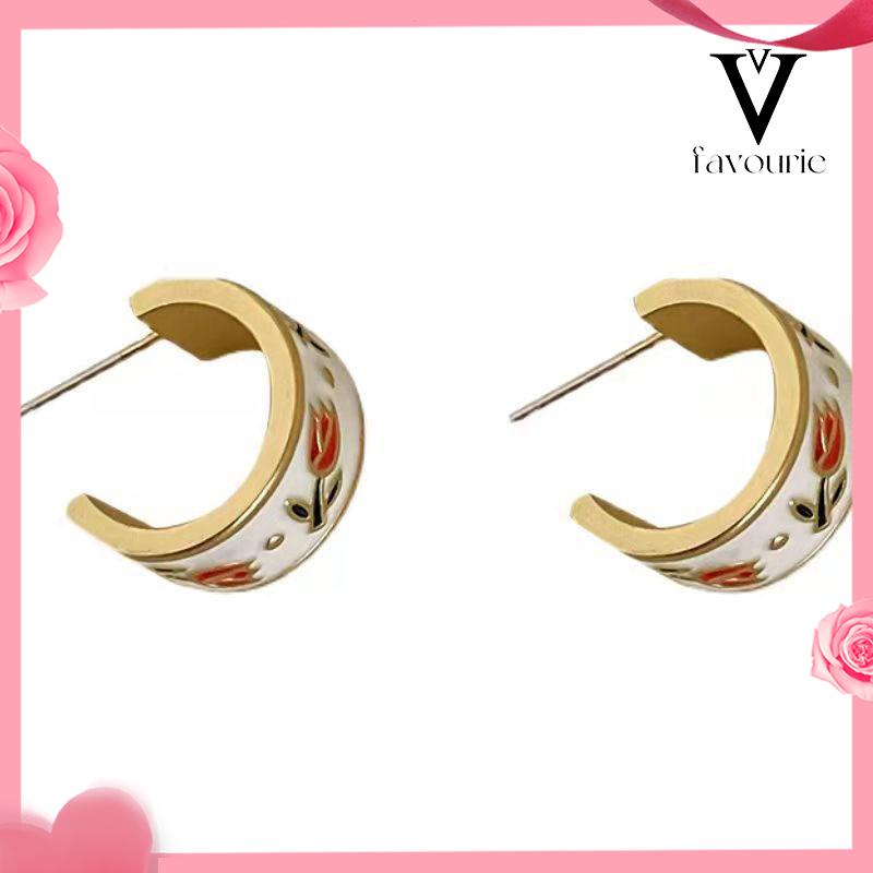 CODRetro Musim Semi Tulip Lingkaran C Cincin Gaya Hong Kong S925 Sterling Silver Stud Earrings-FA