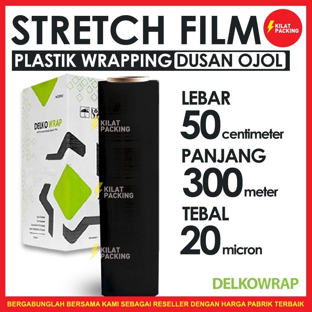 

PLASTIK WRAP KUAT TERMURAH - STRETCH FILM HITAM - DELKOWRAP - 50CM X 300M DUS GOJEK/GRAB