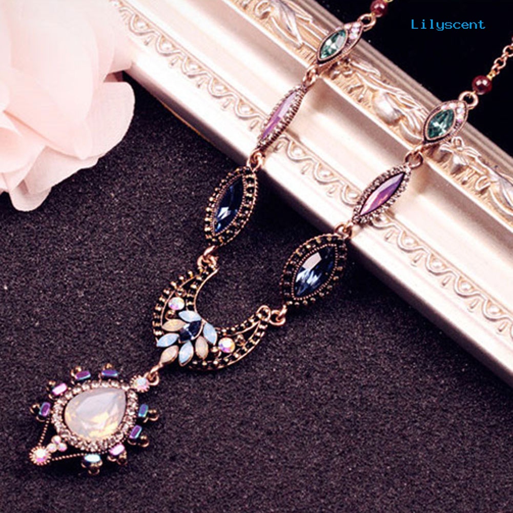 [LS]Fashion Boho Gaya Istana Gaya Shiny Rhinestone Moon Teardrop Oval Statement Necklace