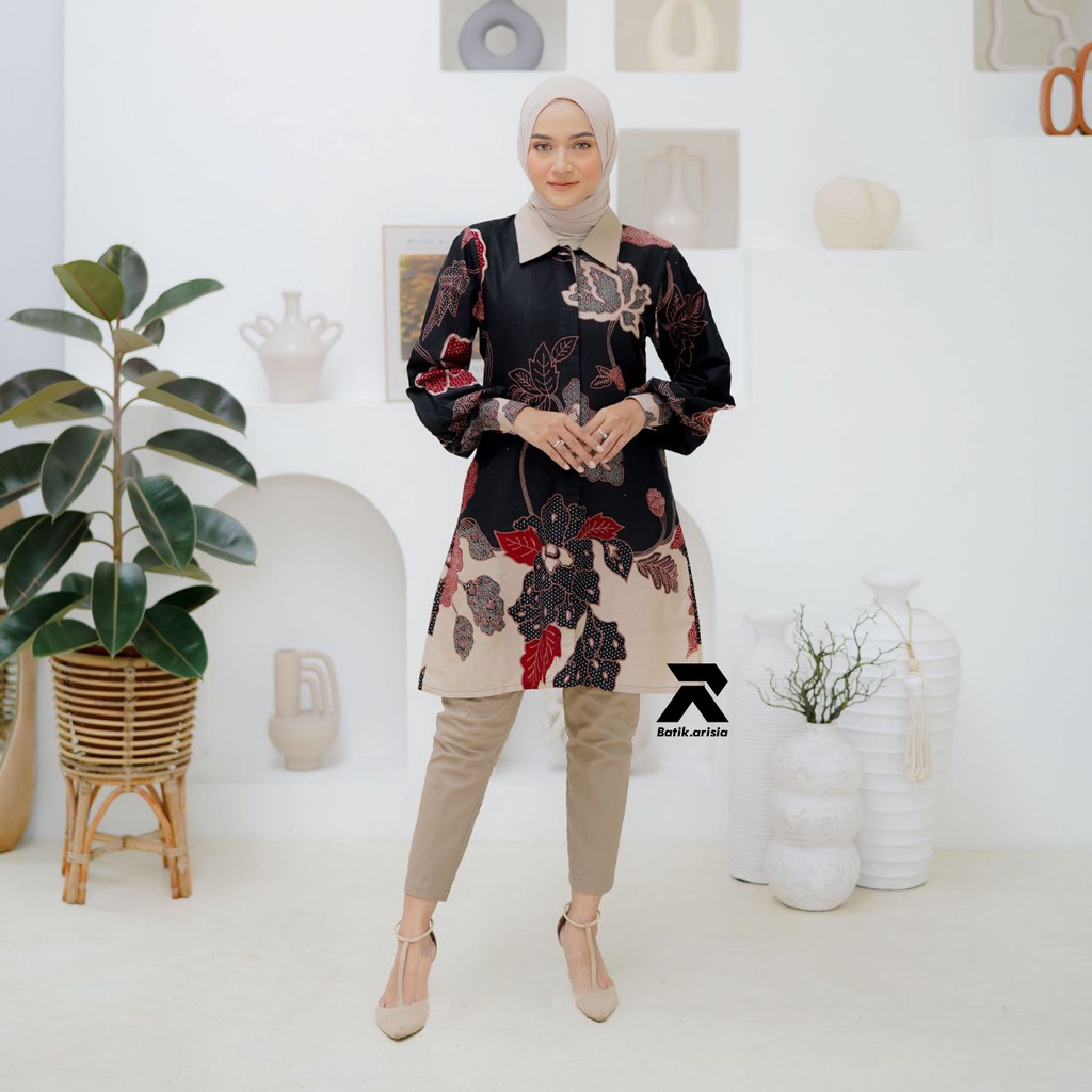 Tunik Batik Wanita Terbaru Seragam Batik Wanita Lengan Balon Baju Batik Wanita Modern Atasan Batik Wanita