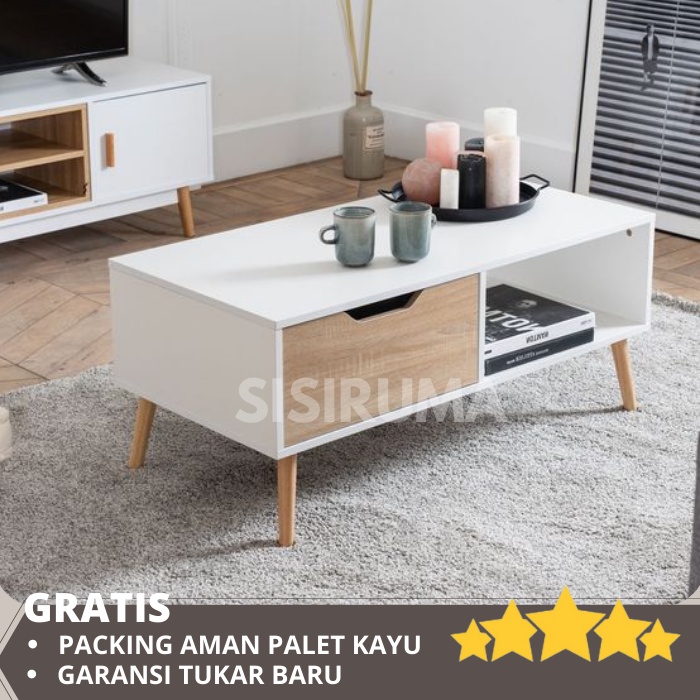 Meja Tamu Minimalis Aesthetic Sofa 1 Laci dan Ruang kosng Putih Modern