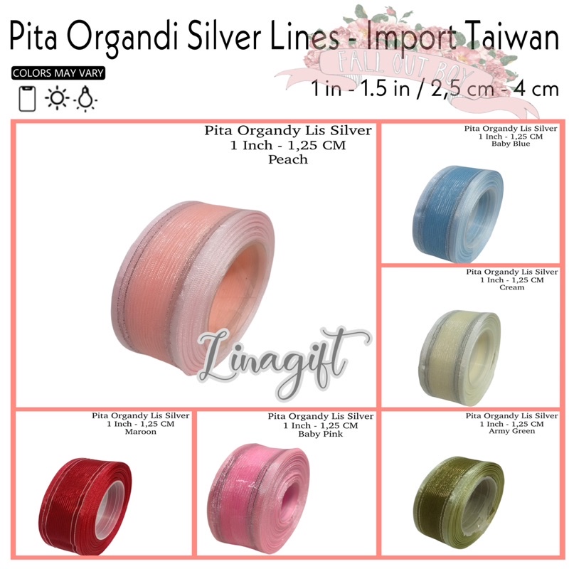 ( Rol 20 yard ) PITA ORGANDY LIS SILVER 1 IN ( 2.5 CM ) - GIFT RIBBON EXCLUSIVE 1 INCH 2.5 CM ( MADE IN TAIWAN ) PITA ORGANDI / ORGANZA / KADO / ELEGANT CLASSIC