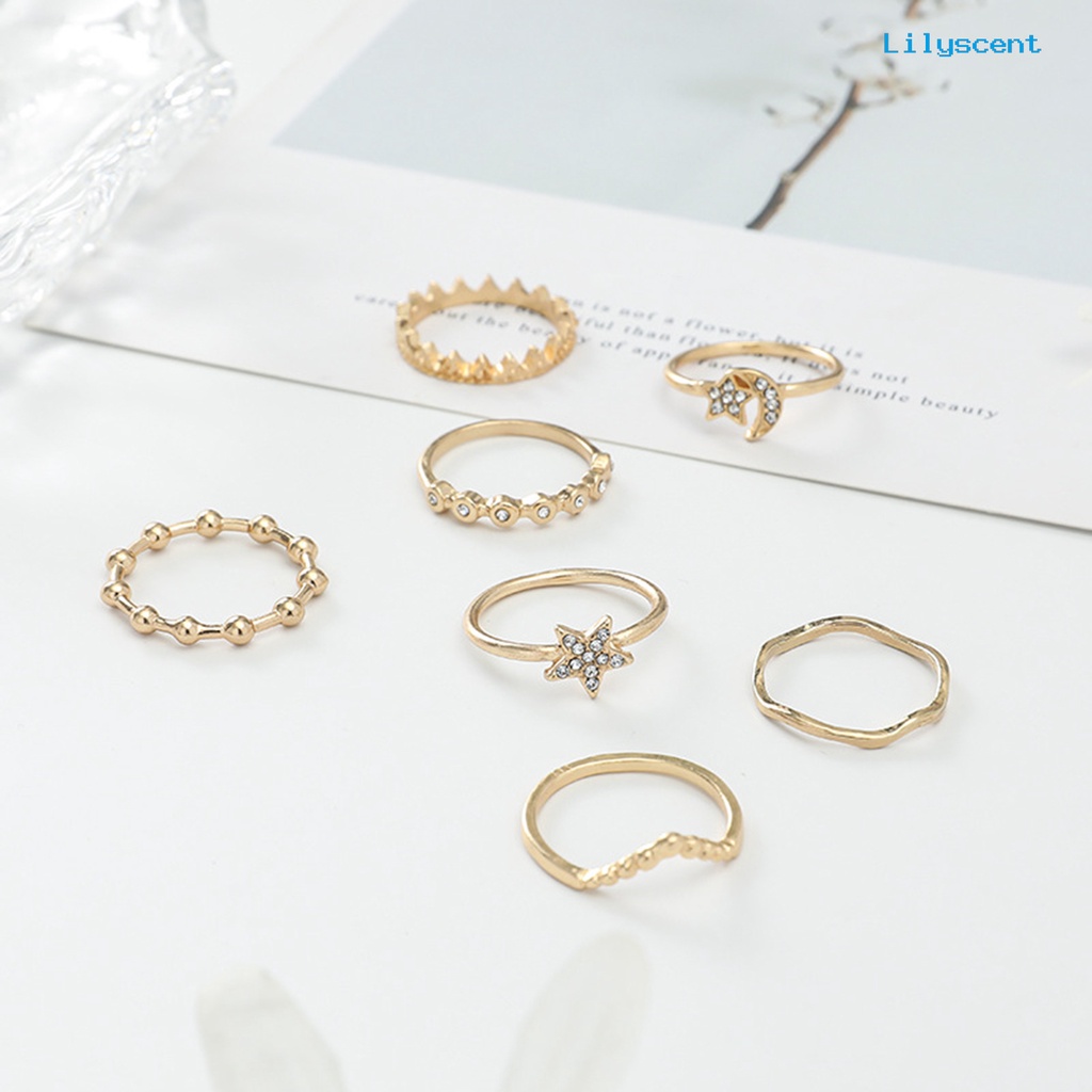 [LS]7Pcs Wanita Cincin Geometris Berlian Imitasi Mengkilap Hias Berkilau Semua Pertandingan Dekorasi Hadiah Ulang Tahun Wanita Bintang Bulan Jari Cincin Perhiasan Pesta Untuk Pacaran