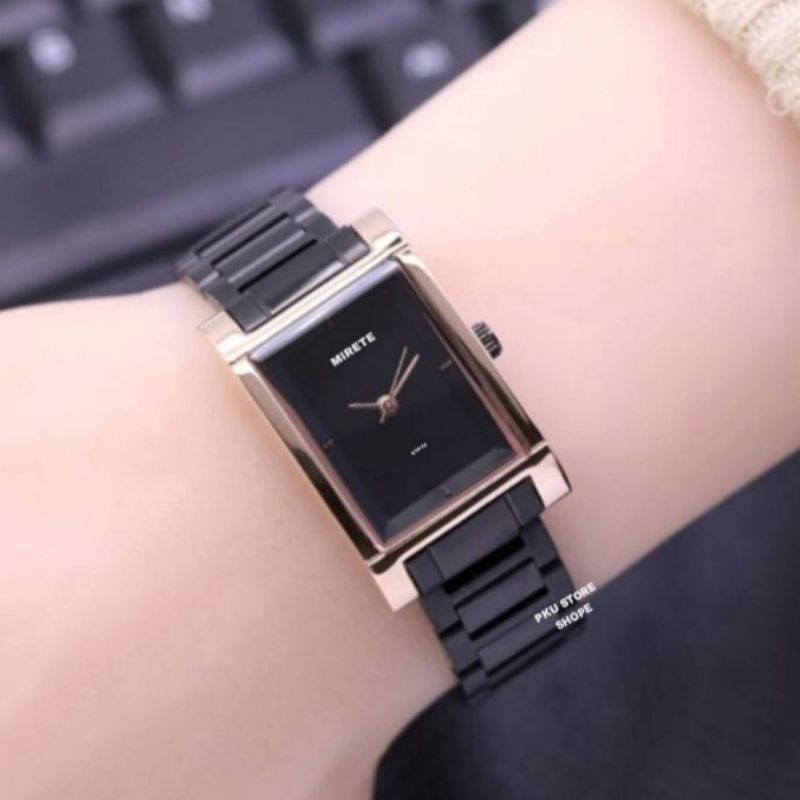 HARGA PROMO✅ Jam Tangan Wanita Kasual Mirete Original Anti Air // Jam Tangan Wanita Promo Strap Rantai Stainlees Steel // Jam Tangan wanita Murah // Jam Tangan Wanita Kekinian Terlaris // Jam Tangan Wanita Petak Persegi Hitam Rosgold COD