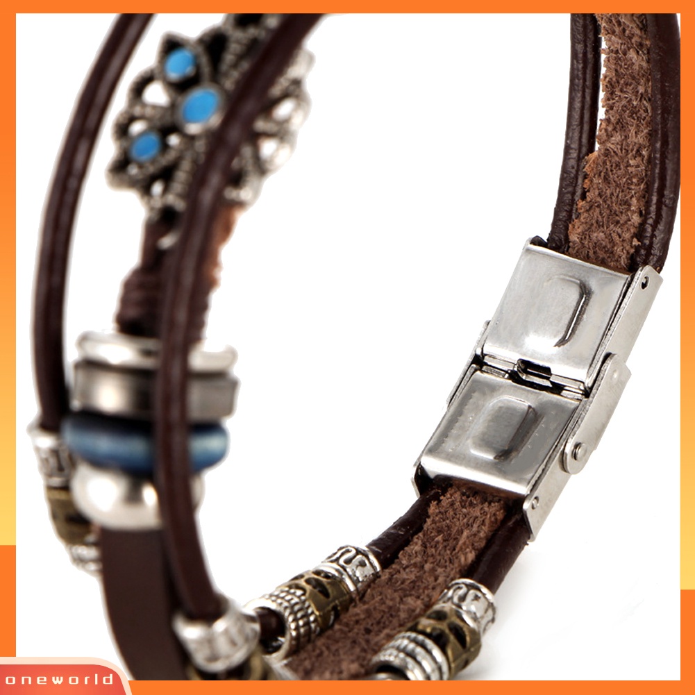 [WONE] Bohemian Wanita Multi-layer Bunga Gelang Manik-Manik Kulit Imitasi Bungkus Bangle Hadiah