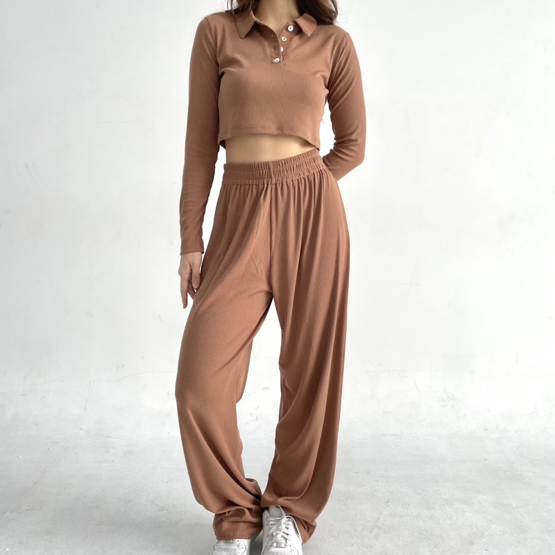 NUO SET | Setelan Wanita Ribbed Knit Set Polo Top Lengan Celana Panjang Highwaist Highwaisted Pants