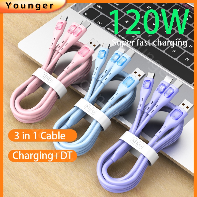 Lem Lembut Cair 120W 3-in-1 Kabel Pengisian Super Cepat Micro USB 6A Kawat Data Ponsel Untuk i-Phone14 13 Type C Android