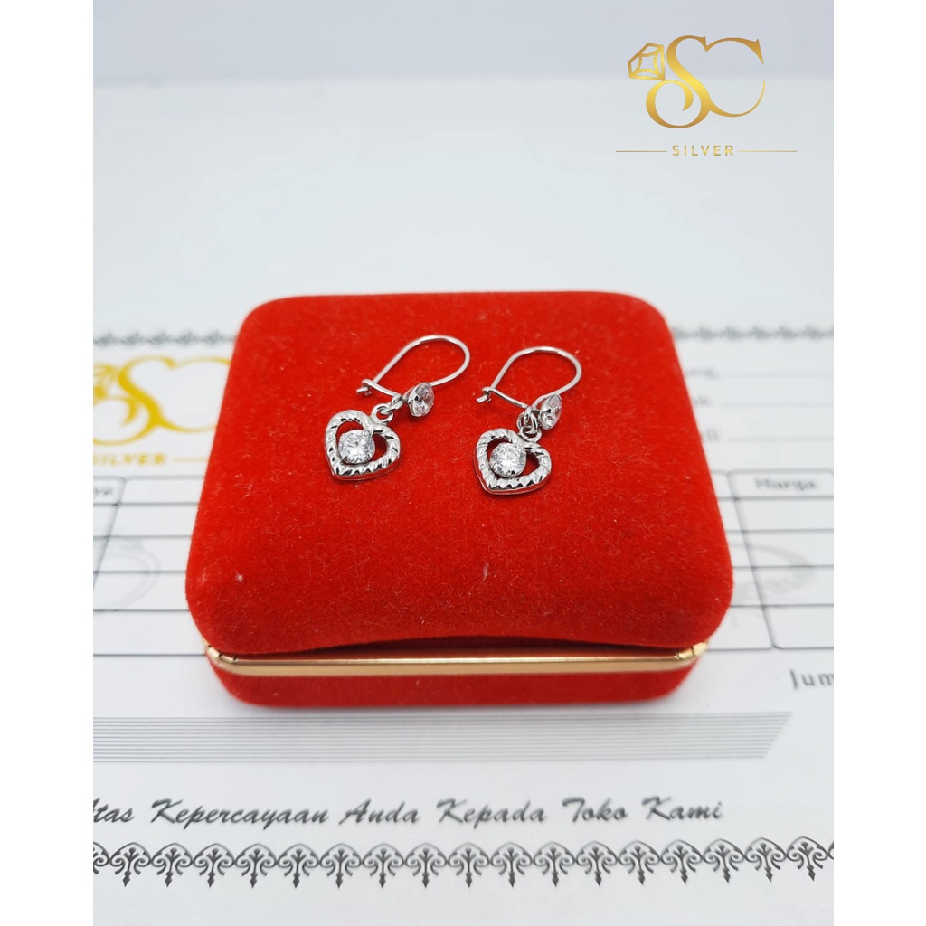 Anting Agogo Hati Ukir Permata Perak Asli Silver 925 Lapis Emas Putih Model Anting Agogo Hati