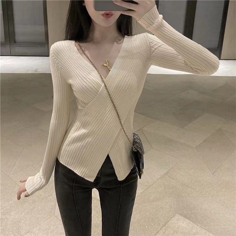 【Elegant】V-neck Cross Ribbed Knit  Solid Color Long Sleeve Top 2368