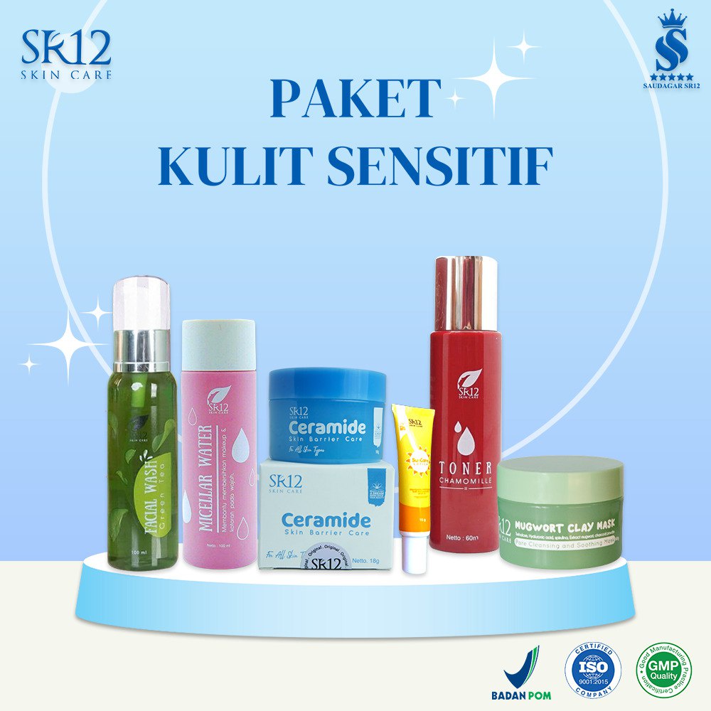 Paket kulit sensitif Sr12 Merawat kulit sensitif Mengatasi jerawat Mencerahkan Paket perawatan wajah Bpom Saudagarsr12