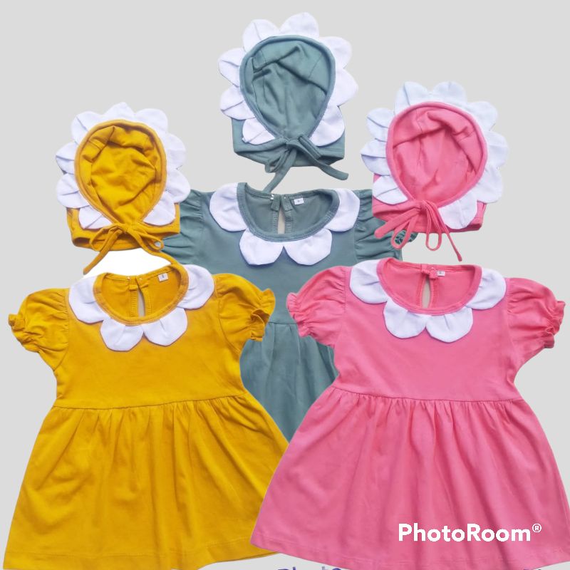 dress bayi katun zalina flower bonus topi bonnet 0-12 bulan